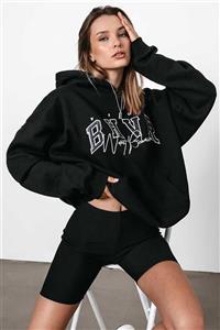 Madmext Kadın Siyah Nakışlı Kapüşonlu Sweatshirt Mg812