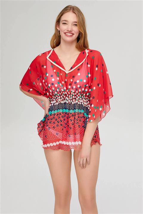 Deafox Puantiyeli Şifon Yakalı Pareo