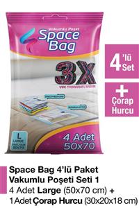 Space Bag 4 Adet 50x70 Vakumlu Poşet Seti + 1 Adet Çorap Hurcu