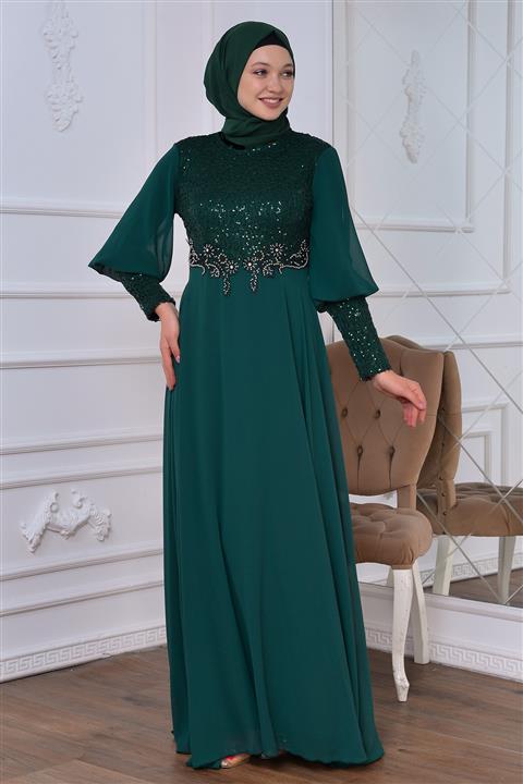 İSTANBULSTYLEMODA Pul Payetli Yeşil Tesettür Abiye Elbise