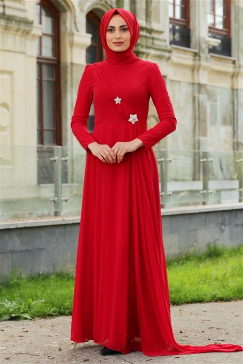 Feiza Collection Toka Detaylı Tesettür Abiye - Kırmızı