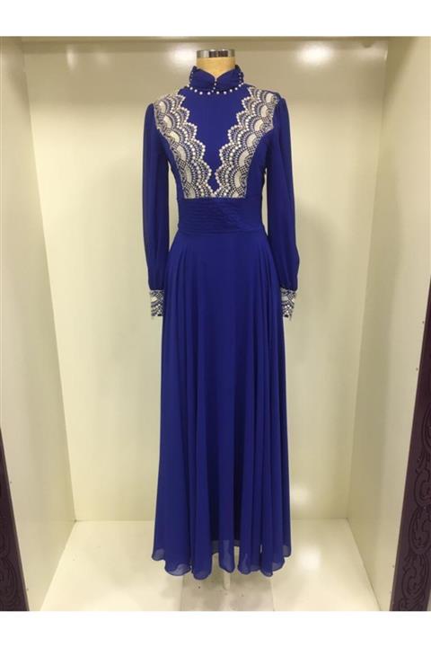 Kübra Tekstil ve Giyim Kadın Saks Mavisi Dantel Detaylı Şifon Abiye Elbise