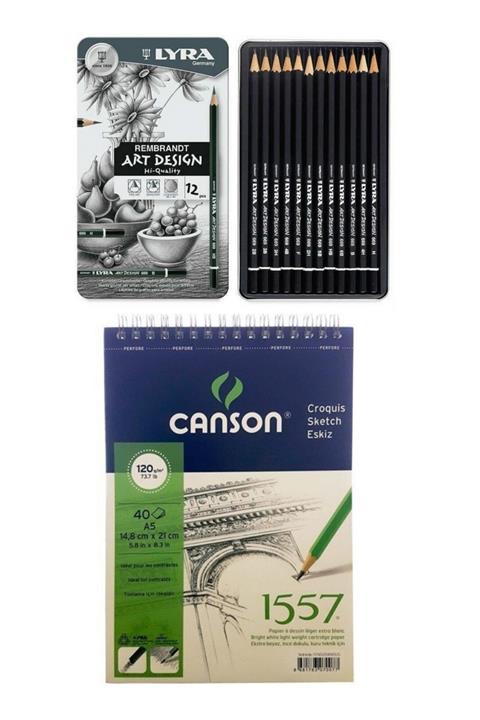 Canson Profesyonel Çizim Seti A5 Eskiz Ve Lyra Rembrandt Art Design Dereceli Kalem Seti 12'li Metal Kutu