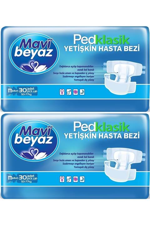 Mavi beyaz Ped Klasik Yetişkin Bel Bantlı Hasta Bezi Medium Orta 60 Adet