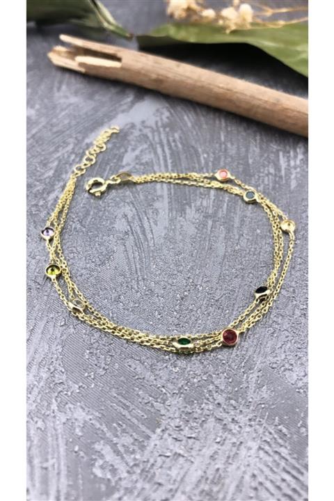Joel Jewelry Yuvarlak Kesim Mix Taşlı Altın Kaplamalı Gümüş Bileklik