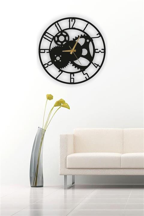 NT Handmade Siyah Ahşap Çarklı Duvar Saati - Salon Oturma / Yatak Odası Ofis Antre Için 50 Cm Saat Duvar Dekoru