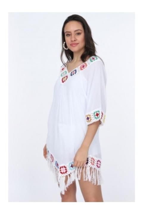 Etnikmoda Otantik Buldan Bezi & Şile Bezi Püsküllü Dantelli Kollu Plaj Elbisesi