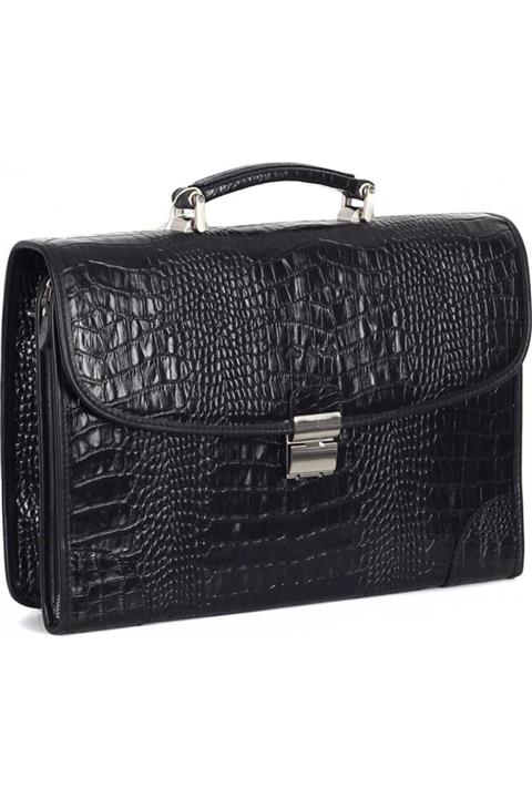 Aka Deri Murşev - Siyah Timsah Desenli - Deri Evrak Çantası 255