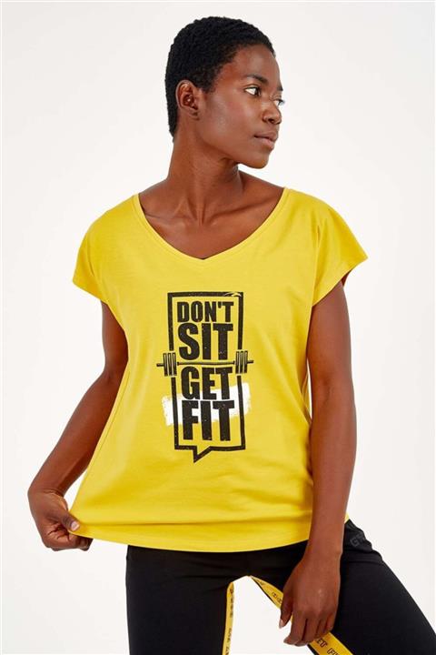 MARATON Neon Sarı Kadın Regular Don't Sit Get Fit Gym V Yaka T-shirt