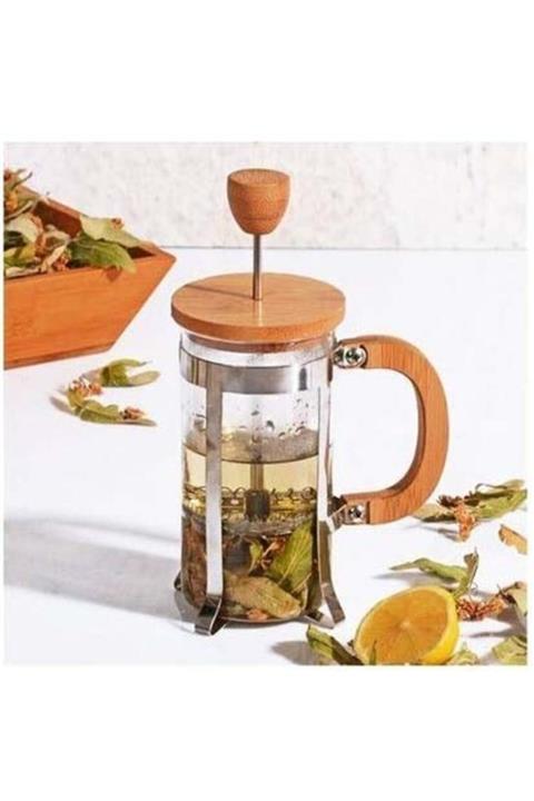 yeni11 Kulplu Bambu Kapaklı Cam French Press 350 Ml Çay Kahve Demleme Aparatı