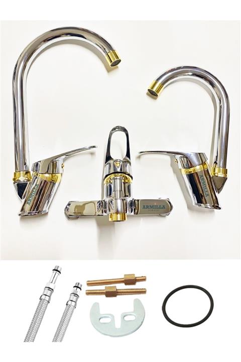 ARMİLLA ARMATÜR Baston Borulu Krom Gold Banyo Mutfak Lavabo Musluğu Bataryası 3’lü Set