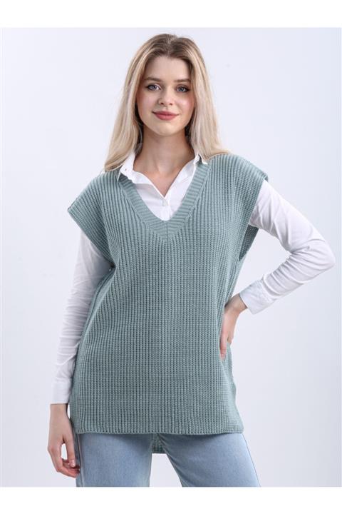 Devinka Kadın Mint Yeşili V Yaka Yırtmaçlı Triko Süveter