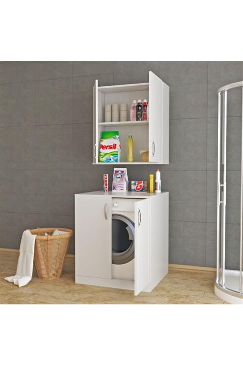 zerkaconcept Linda Çamaşır Makinesi Banyo Dolabı Raflı Kapaklı Dolap Takımı Tamamı Mdf