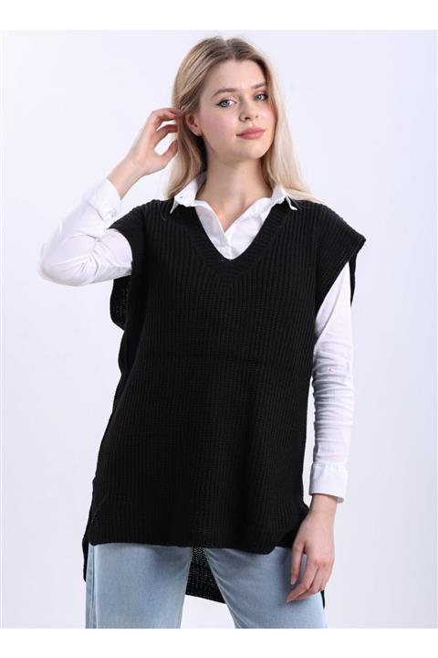 Devinka Kadın Siyah V Yaka Yırtmaçlı Triko Süveter