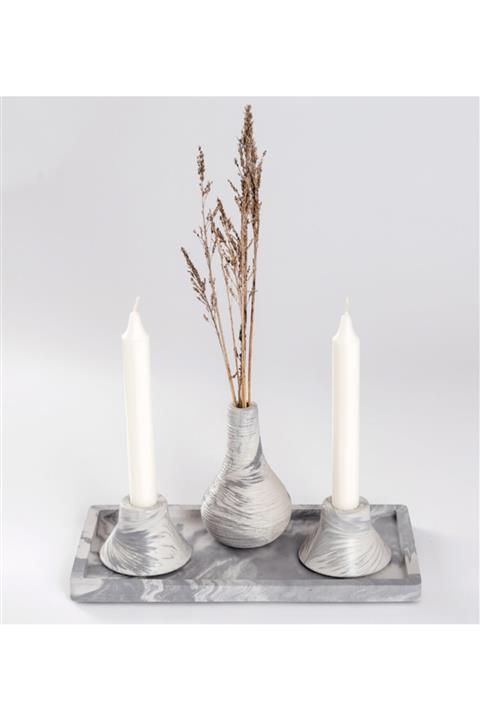 PabloFi Beton Set Dikdörtgen Tepsi Şamdanlı Vazolu Beton Set Özel Tasarım