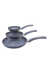 DORA 16-20-24cm Tek Kulp Gri 1.80mm Granit Efektli 3 Lü Tava Seti