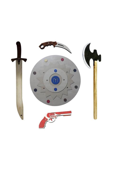 Ahtek Ahşap Oyuncak Seti 5'li, Kayı Kalkanı + Kılıcı + Baltası + Oyuncak Bıçak Ve Lastik Atan Tabanca