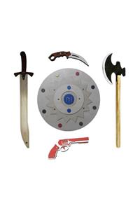 Ahtek Ahşap Oyuncak Seti 5'li, Kayı Kalkanı + Kılıcı + Baltası + Oyuncak Bıçak Ve Lastik Atan Tabanca