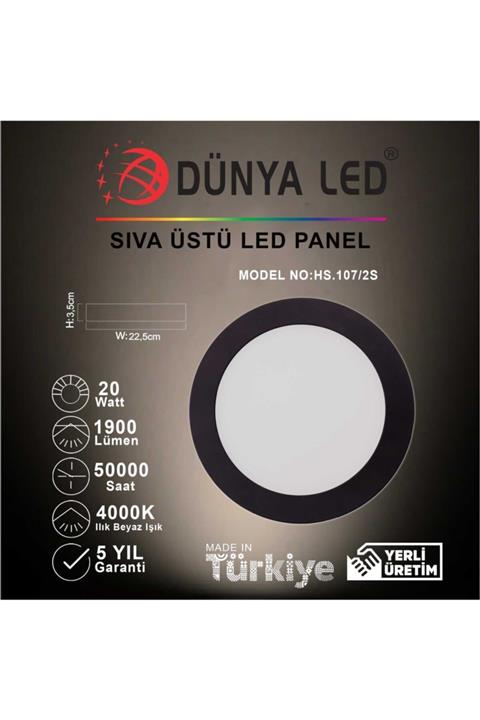 DÜNYA LED Hs.107/2s 20w Sıva Üstü Siyah Kasa Led Panel 4000k Ilık Beyaz Işık