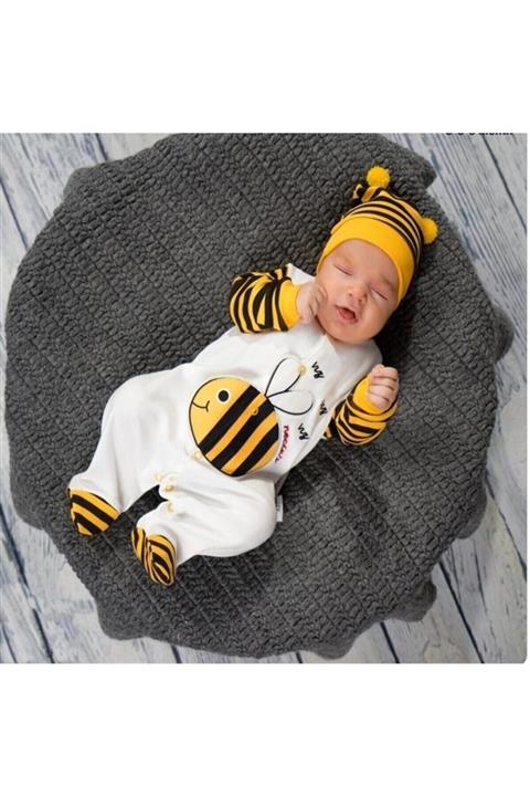 catciybu Sarı Unisex Bebek Arılı Bereli %100 Pamuk Tulum