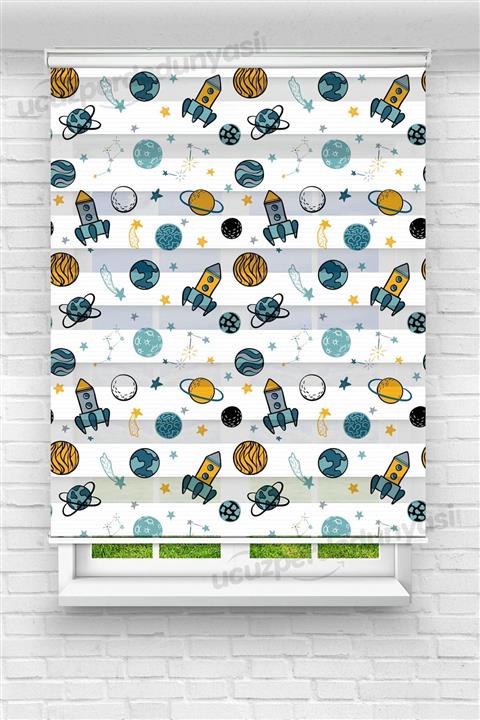 UCUZPERDEDUNYASI Brillant Uzay Desenli Çocuk Odası Stor Zebra Perde