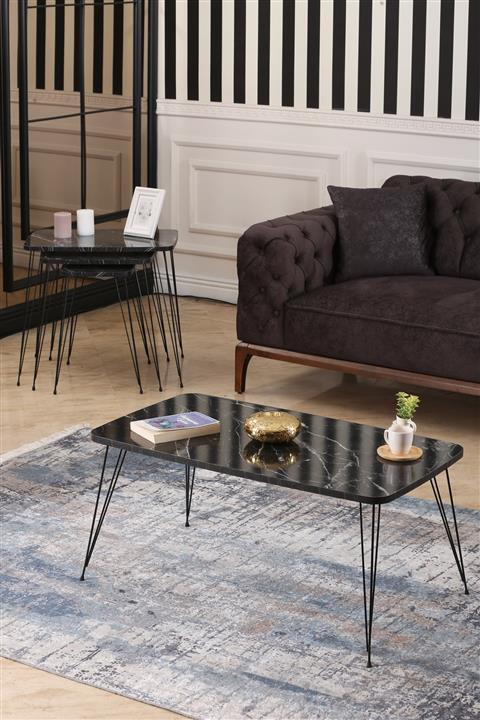 Fancy Dikdörtgen Zigon Ve Orta Sehpa Seti Siyah Mermer Desen