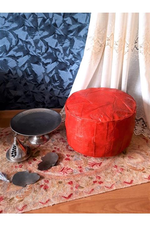 SİDİBOU Antik Kırmızı Hakiki Deri Puf