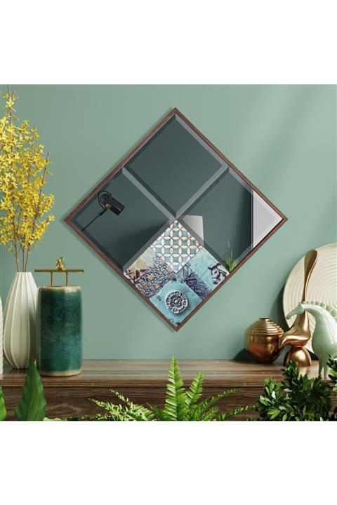 bluecape Liverpool 42x42cm Doğal Ağaç Çerçeve Antik Limra Taşlı Bizoteli Salon Dresuar Konsol Ofis Butik Ayna