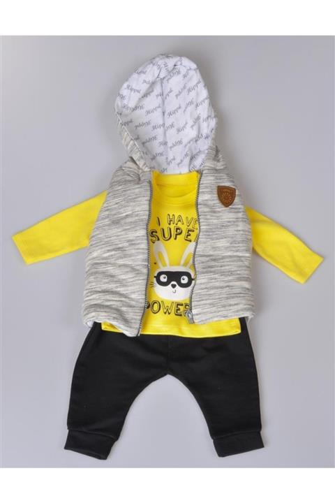 Hippıl Baby Erkek Bebek Sarı Zıpır Tavşan Kapüşonlu Yelekli 3 Parça Takım-0025