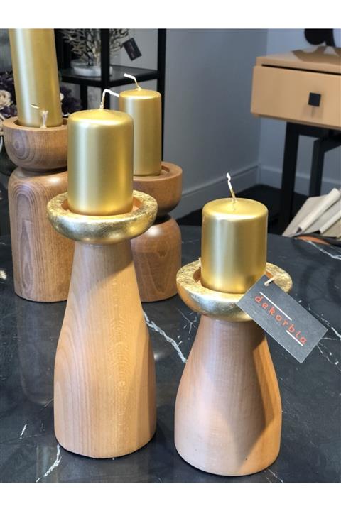 dekorbia 2li Ahşap Gold Detaylı Naturel Mumluk