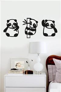 NT Handmade Siyah Ahşap 3lü Panda Duvar Dekoru - Salon Oturma Yatak Çocuk Odası Için 60x20cm Tablo Seti