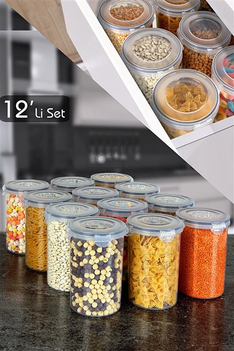 Meleni Home 12'li Set Gilda Contalı Kilit Kapaklı - Sızdırmaz Erzak Bakliyat Saklama Kabı 12x 1500 Ml