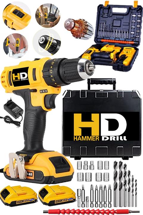 HD Hammer Drill American Cdr 48 V 5 Ah Mega Metal Şanzuman Bakır Sargılı Çift Akülü Vidalama Matkap 27 Parça Set