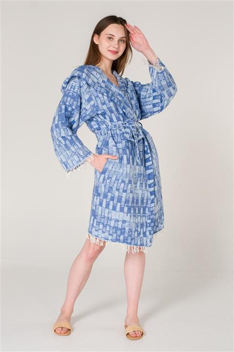 Miespiga Karma Desen Kapşonlu Kısa Peştemal Plaj Bornozu