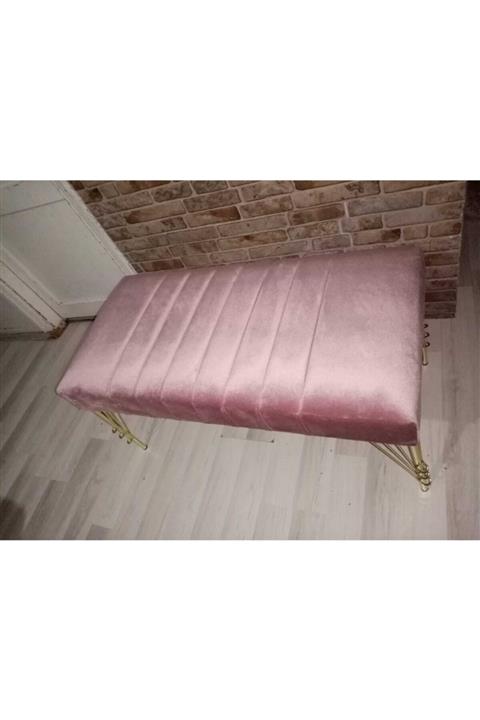 Sepetten Evine Pembe Yarma Model Ayak Ucu Kapı Önü Antre Bench Puf Gold Metal Ayak 90x45 Cm