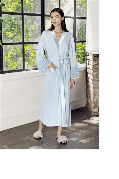 Artış Saten Biyeli Mavi Kadın Sabahlığı