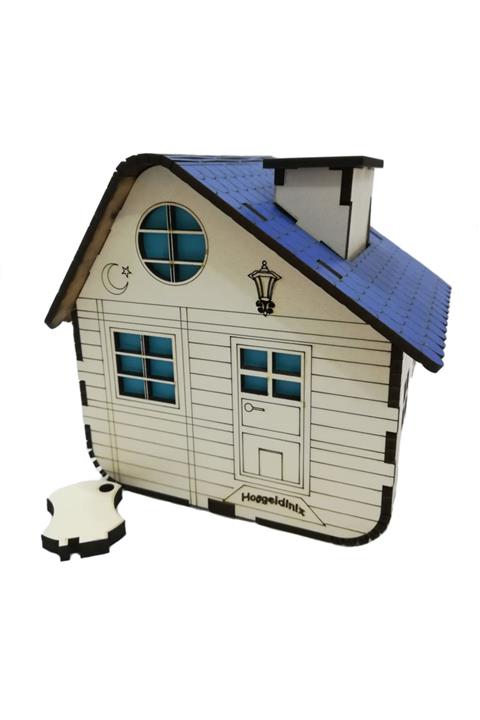 Plaket Home Dekoratif Ahşap Mavi Dağ Evi Kumbara -tipbox