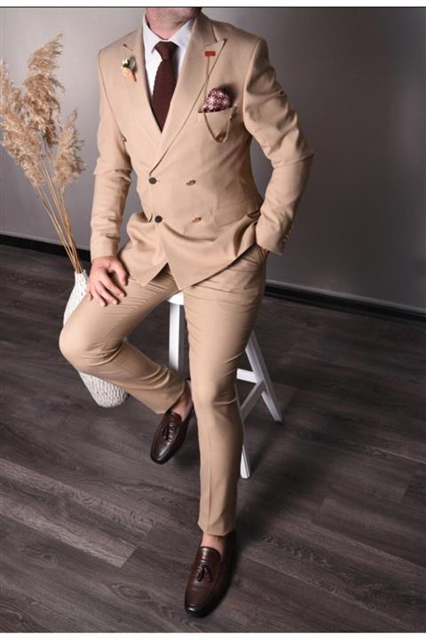 AGUSTİNİ Bej,kruvaze Takım Elbise Sivri Yaka Slim Fit Tk1038-