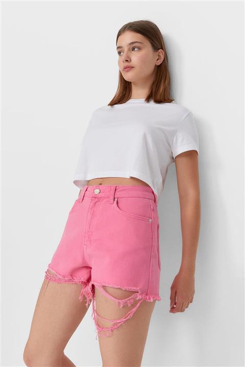 Stradivarius Kadın Pembe Yırtık Detaylı Denim Şort