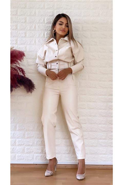 SEDA FİDAN Pens Detay Deri Pantolon Krem