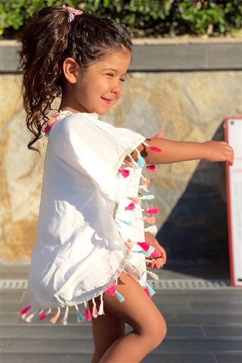 Lally Things Kız Çocuk Beyaz Yazlık Püsküllü  Pareo