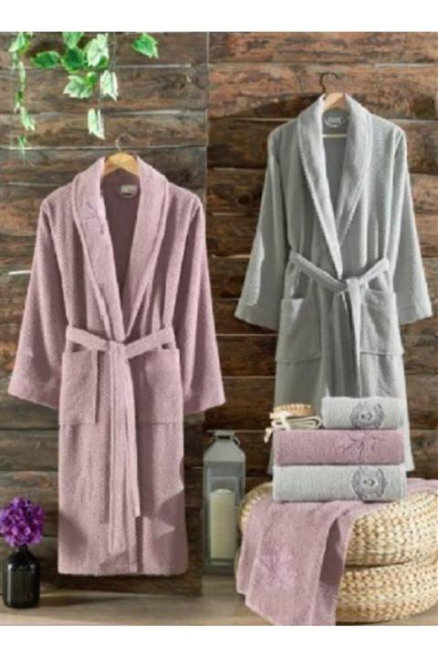 Kristal Aile Bornoz Seti Relax Pamuklu Mürdüm-gri