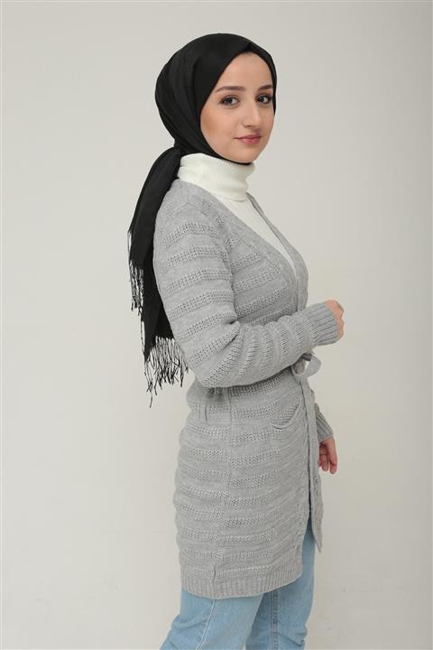 Yağızlar Kadın Gri Cepli Triko Desenli Hırka