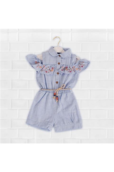 LUMİNA Kız Çocuk Mavi Çiçek Baskılı Salopet