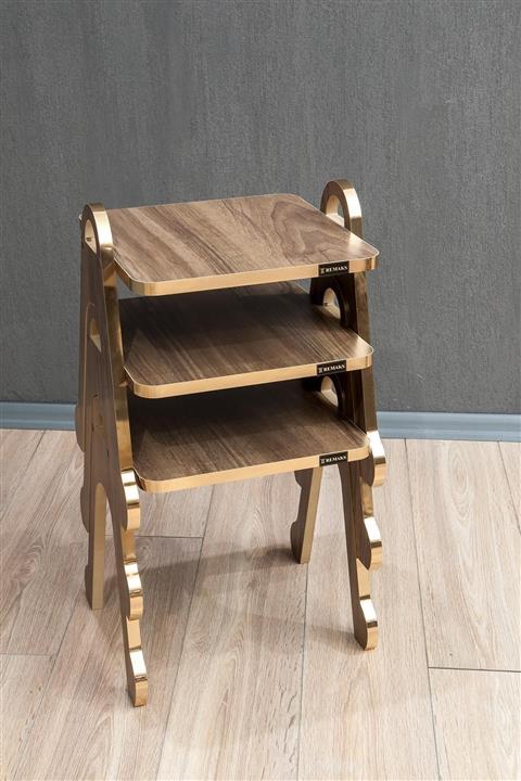 Remaks Neptün 3'lü Zigon Sehpa Çay Sehpası Servis Sehpası - Ceviz / Gold