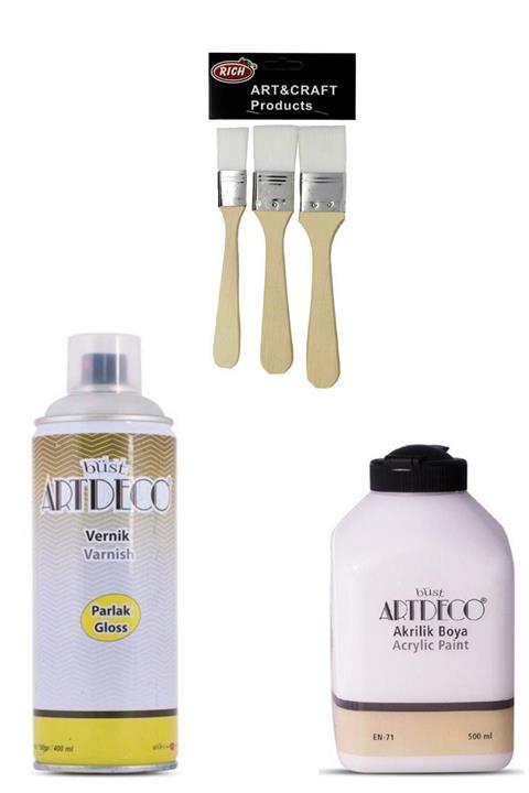 Rich Artdeco 500 Ml. Beyaz + Parlak Sprey Vernik Ve 3'lü Zemin Fıça Seti