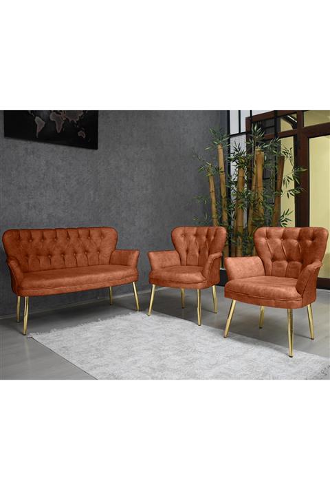 PRATİK DEKOR Kollu Çay Seti 2+1+1 Balkon Ofis Cafe Bahçe Koltuk Takımı Gold Metal Ayak