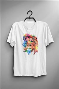 GrafikModa Kadın Beyaz Aslan Tasarım Grafik Baskı T-Shirt