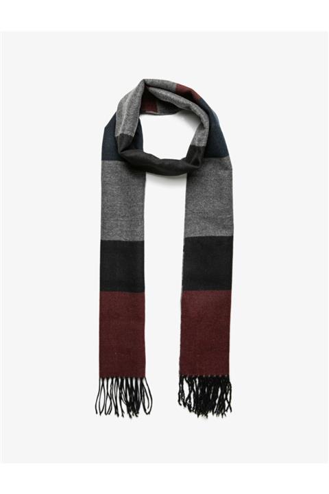 Koton Erkek Bordo Gri Bloklu Püsküllü Atkı