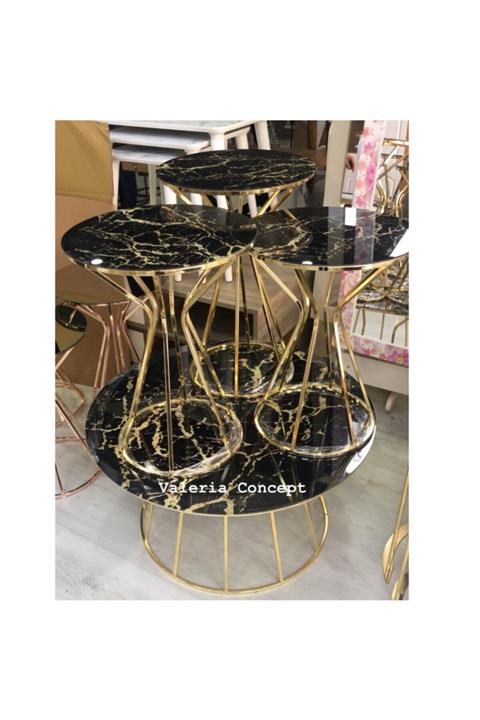 valeria concept Gold Mermer Desen Cam 3'lü Zigon Ve Orta Sehpa Takımı